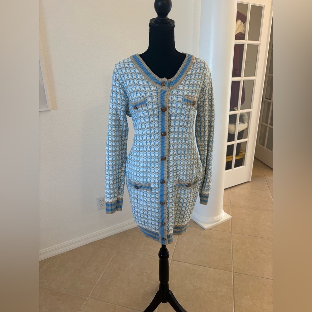 Blue and White Knit Cardigan Dress With Pockets .